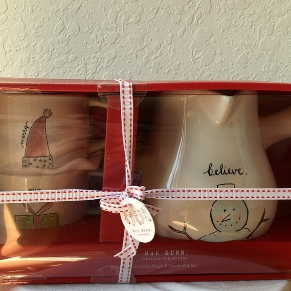 Rae Dunn: Stacking Mugs & Cocoa Pot Set- Holiday/Christmas - Picture 1 of 16